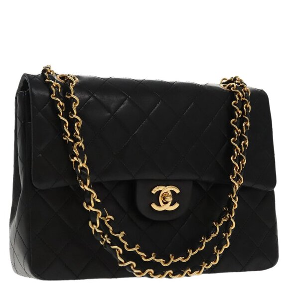 CHANEL Matelasse Chain Hand Bag Lamb Skin Black Gold CC Auth 95715AV - Picture 1 of 16